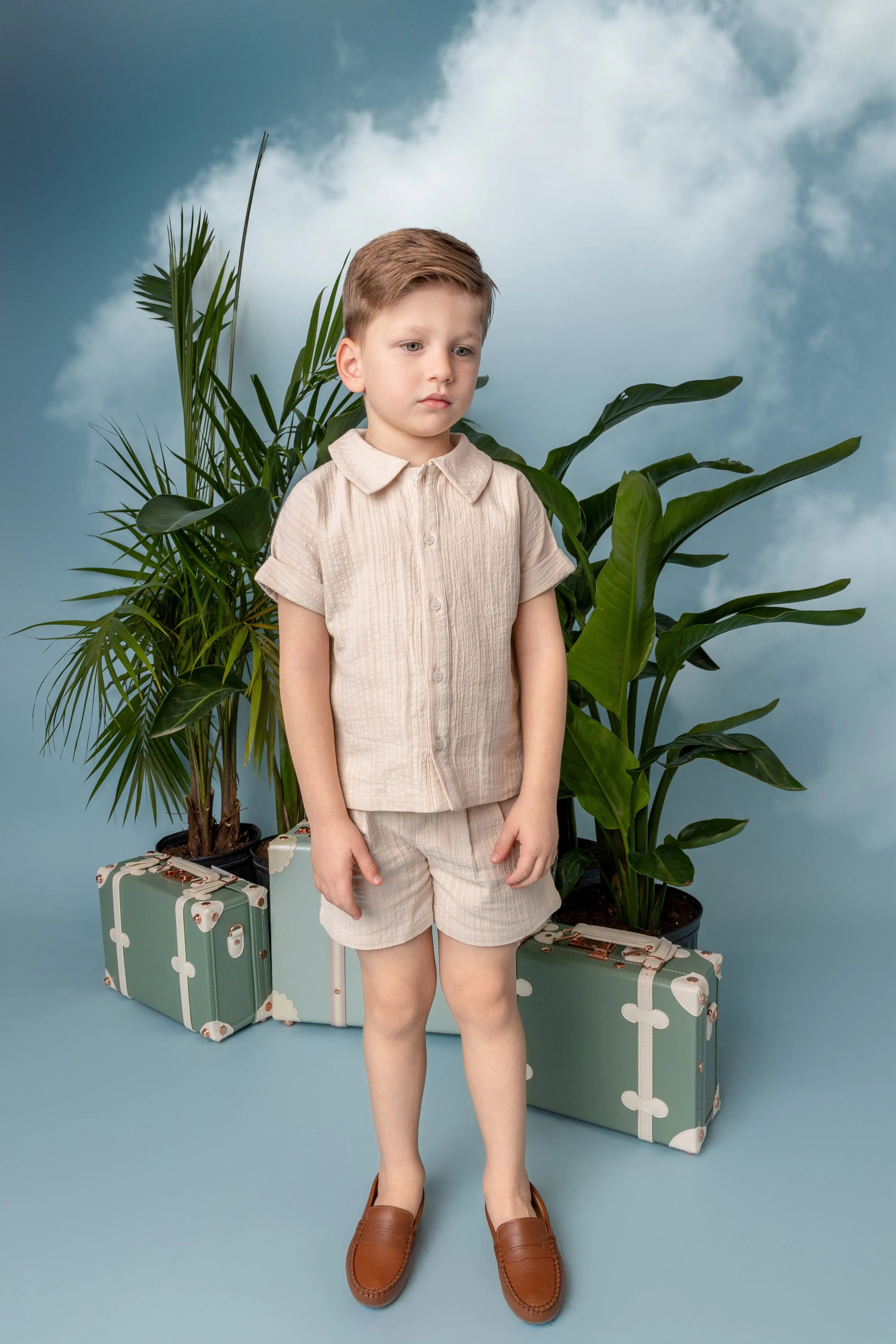 Boxy collared horizontal cut shirt set by Belati