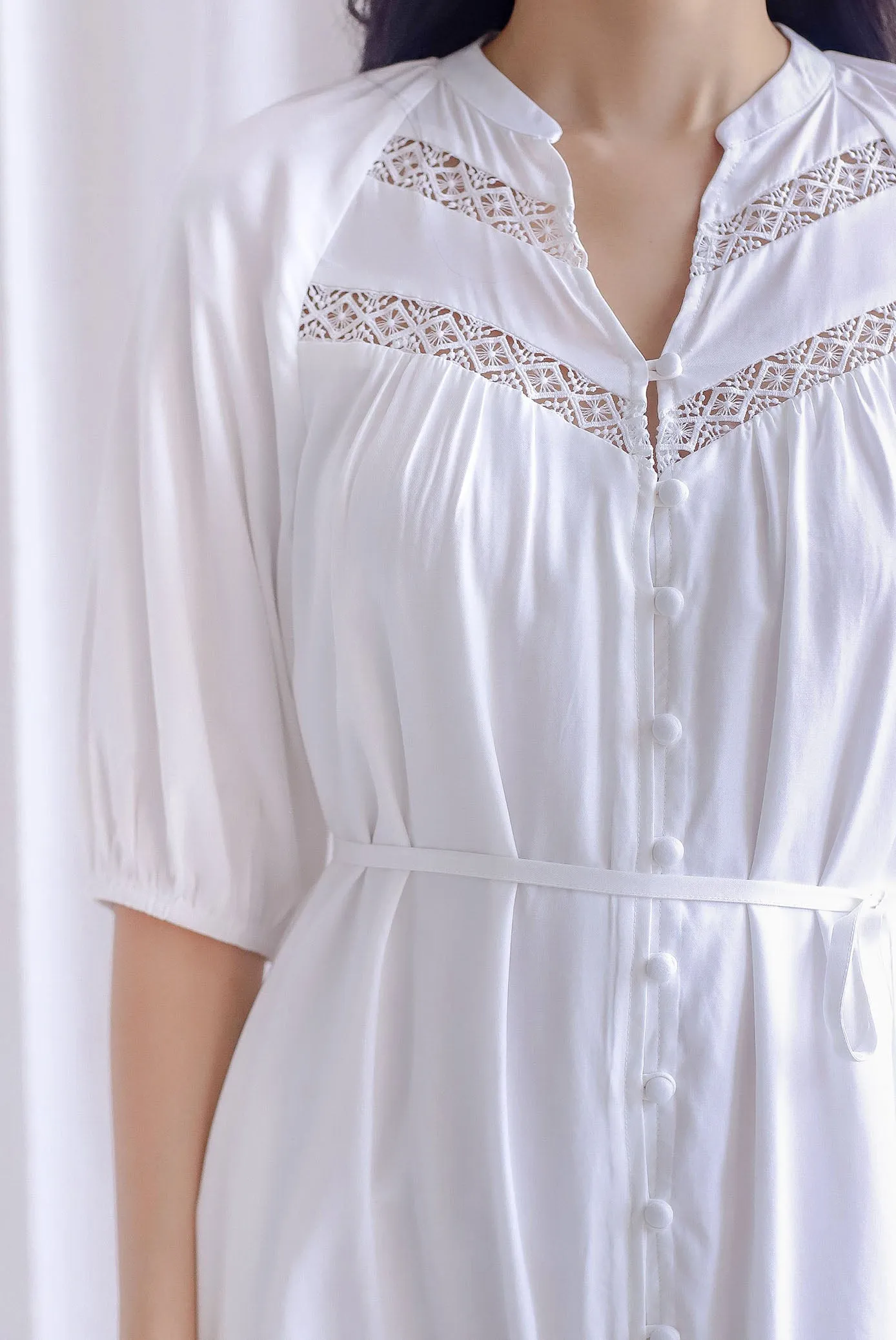 Briella Lattice Insert Buttons Down Dress In White