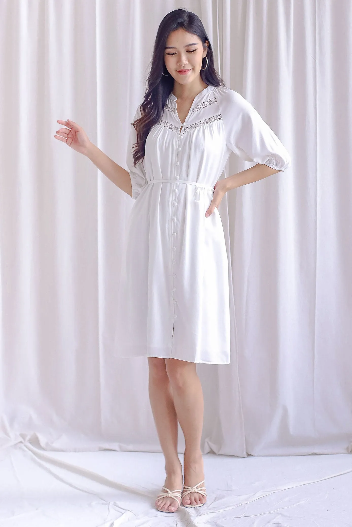 Briella Lattice Insert Buttons Down Dress In White