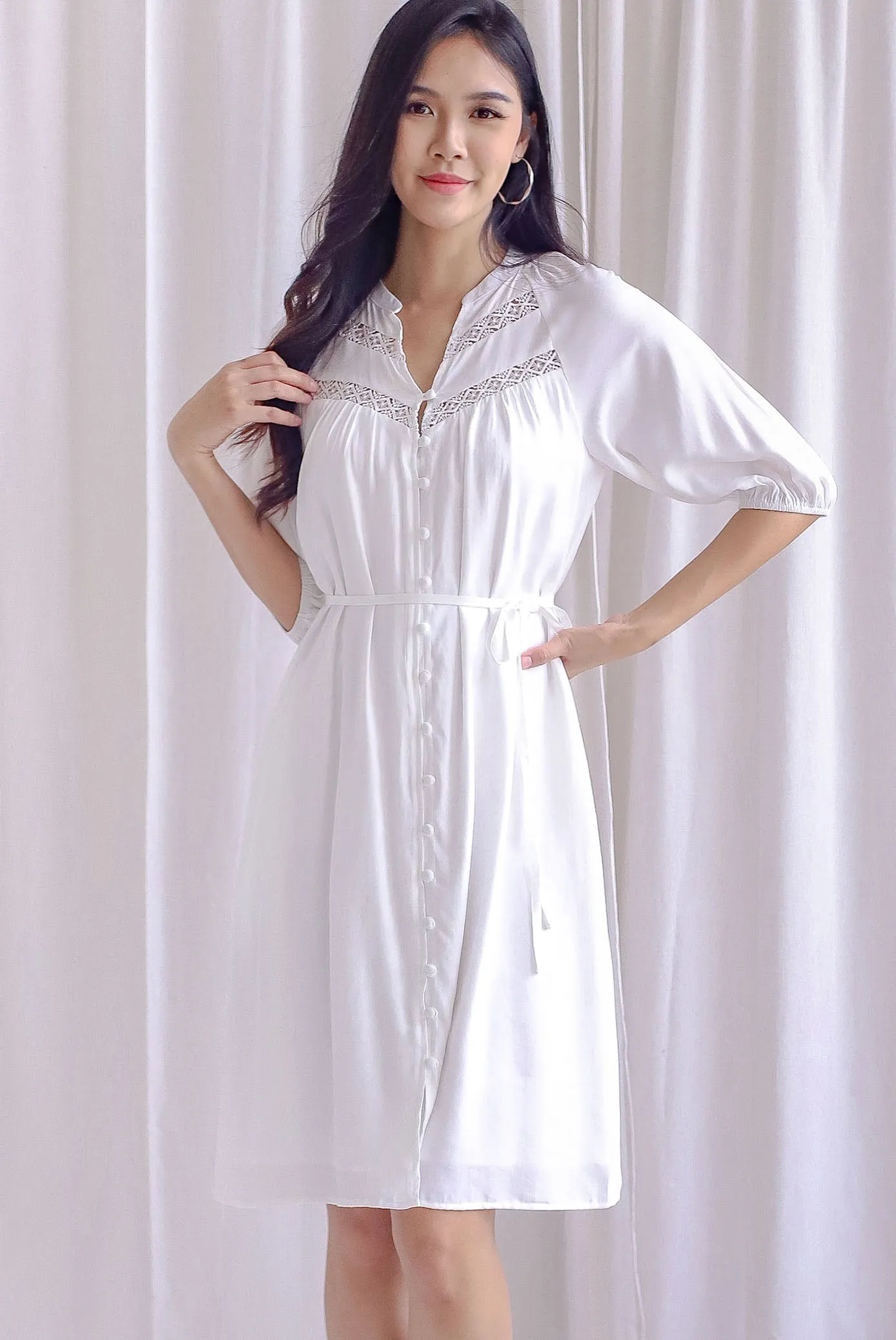 Briella Lattice Insert Buttons Down Dress In White