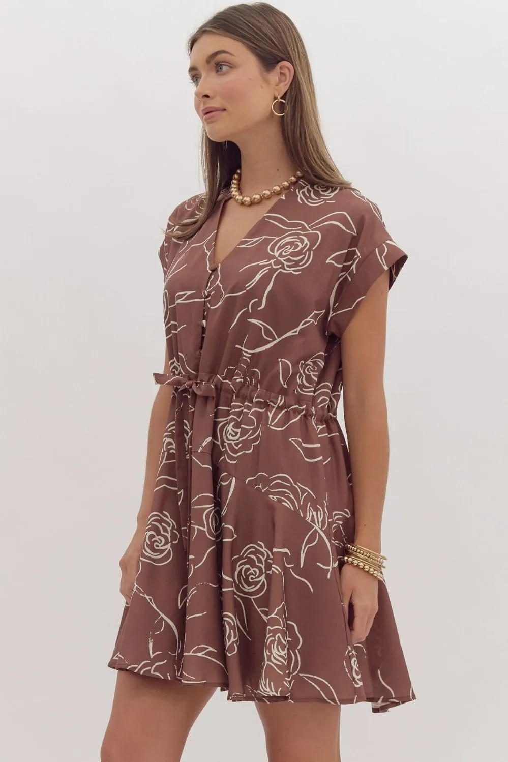 Brown Floral Print Mini Dress