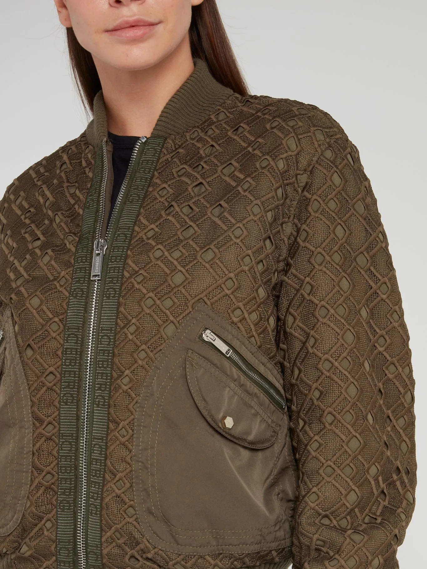 Brown Mesh Overlay Bomber Jacket