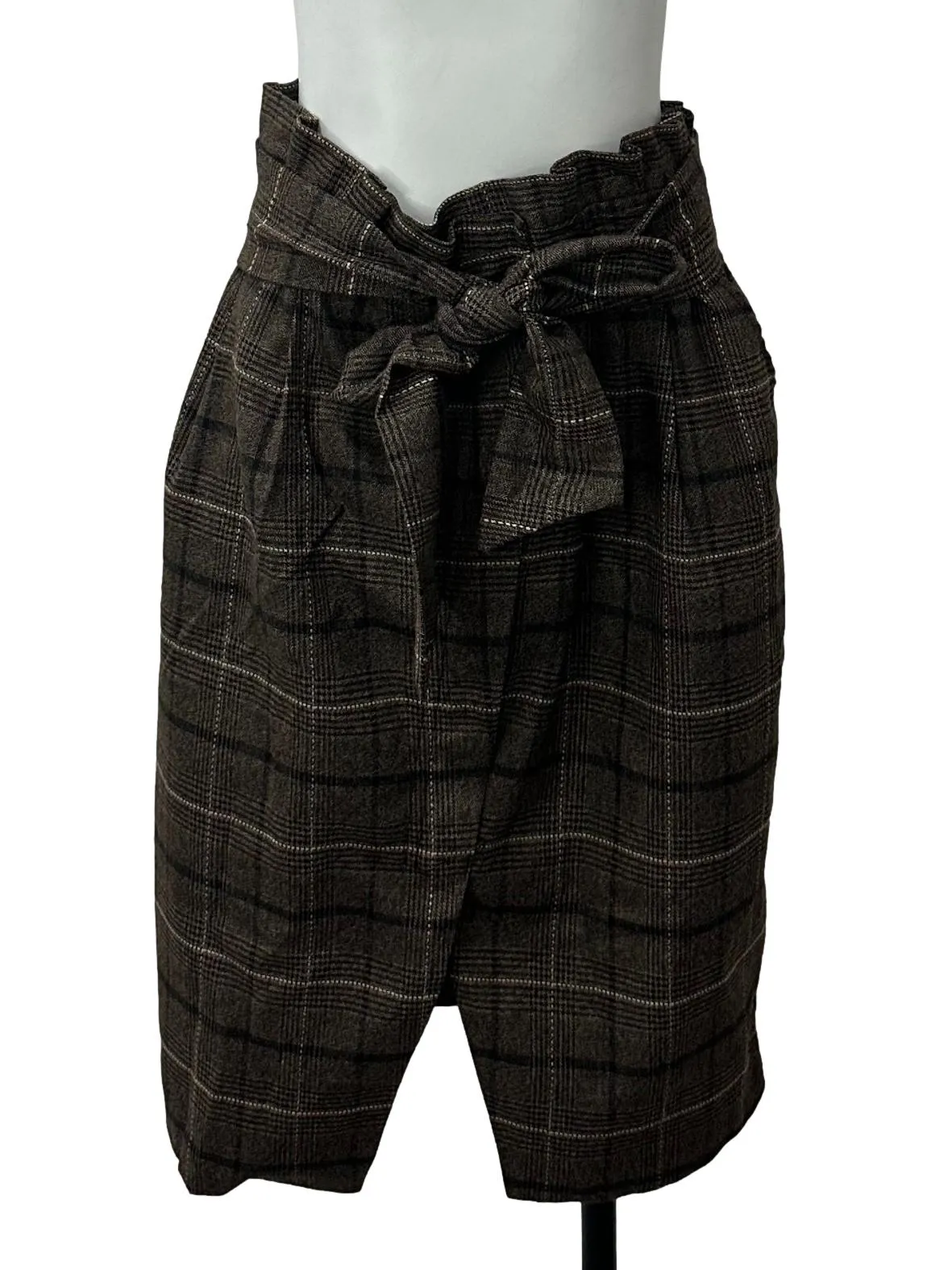 Brown Plaid Belted Skirt