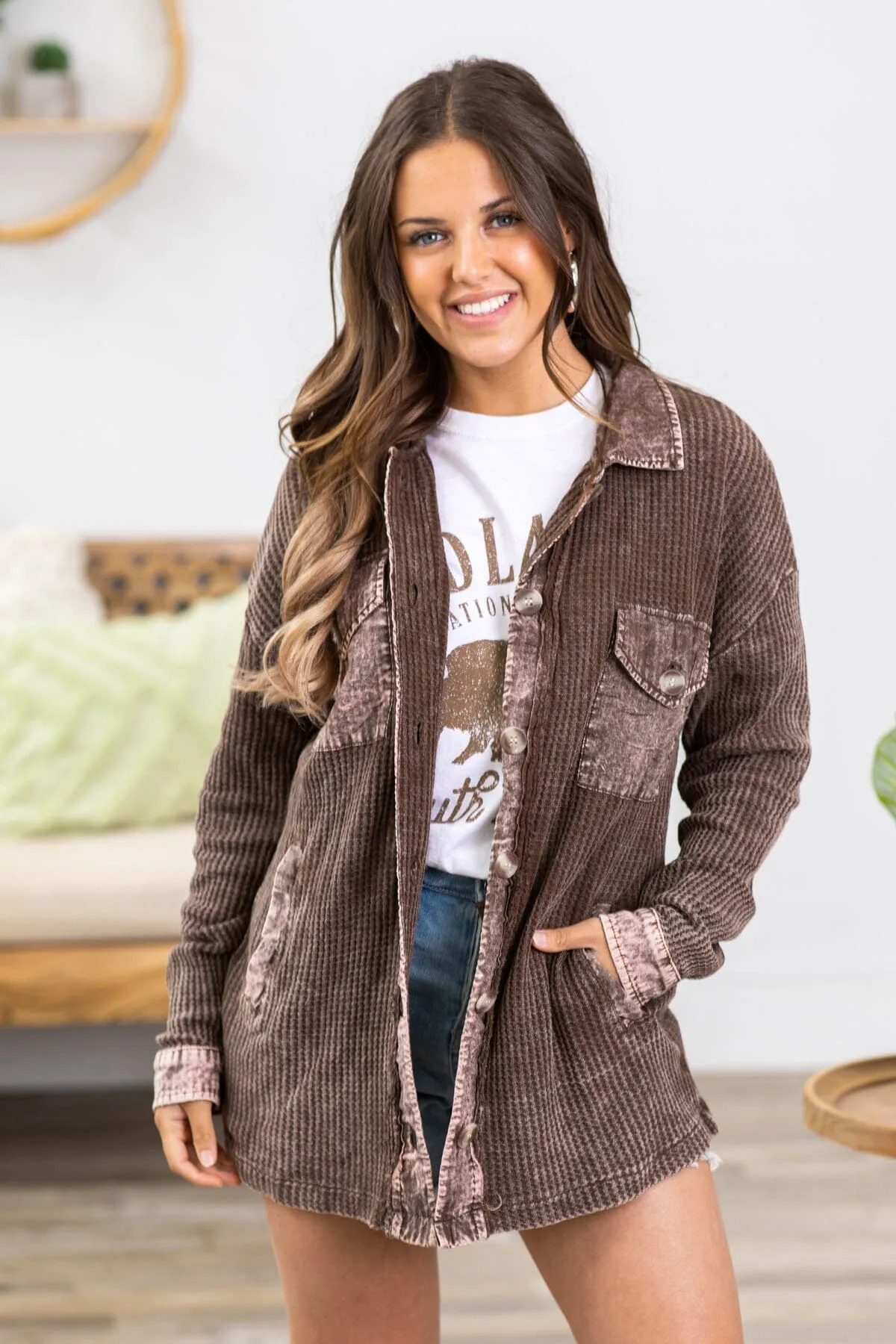 Brown Washed Ribbed Shacket