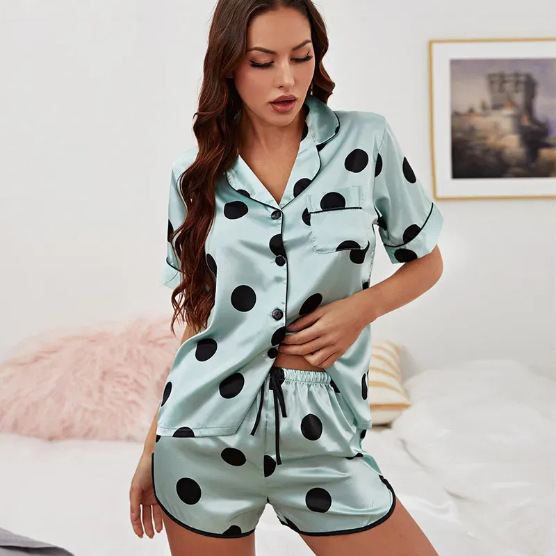 Bubbly Polka Dot Satin Button-Up Top and Shorts Lounge Set