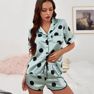 Bubbly Polka Dot Satin Button-Up Top and Shorts Lounge Set