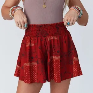 BUCKETLIST NEW Rust Red Paisley Floral Patchwork Print Flowy Shorts with Pockets