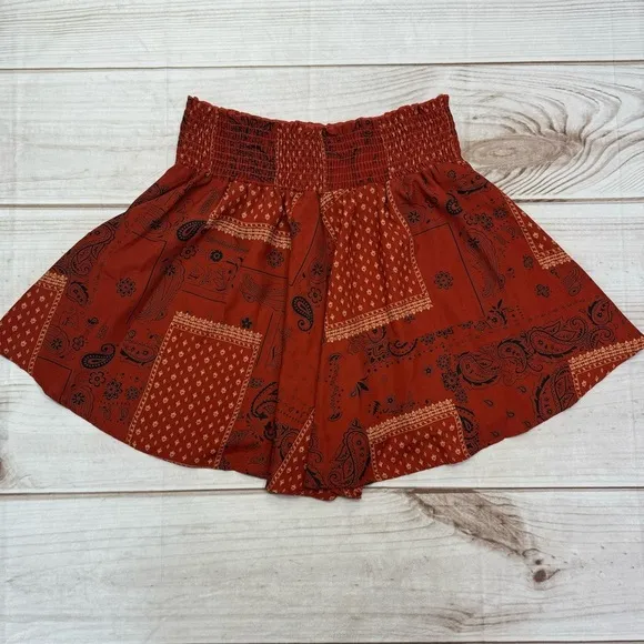 BUCKETLIST NEW Rust Red Paisley Floral Patchwork Print Flowy Shorts with Pockets