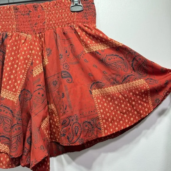 BUCKETLIST NEW Rust Red Paisley Floral Patchwork Print Flowy Shorts with Pockets