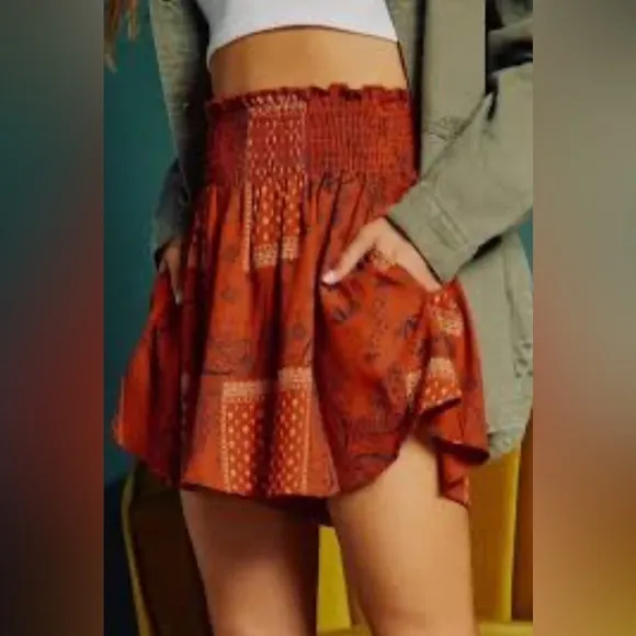 BUCKETLIST NEW Rust Red Paisley Floral Patchwork Print Flowy Shorts with Pockets