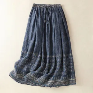 Buddha Stones Vintage Ethnic Floral Pattern Lined Drawstring Women's Cotton Linen Skirt With Pockets