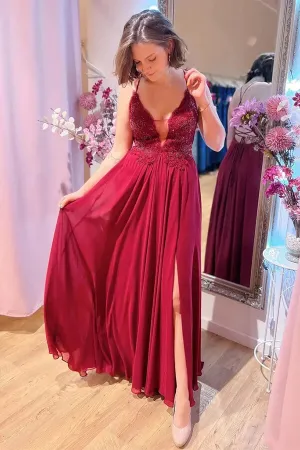 Burgundy A-line V-neck Lace Appliques Long Prom Dresses With Slit, MP807