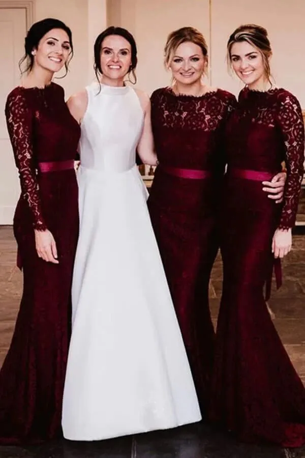 Burgundy Lace Mermaid Sweep Train Long Sleeves Bridesmaid Dresses, MBD213