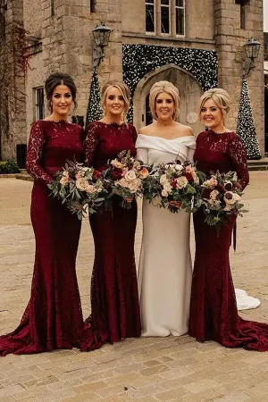 Burgundy Lace Mermaid Sweep Train Long Sleeves Bridesmaid Dresses, MBD213