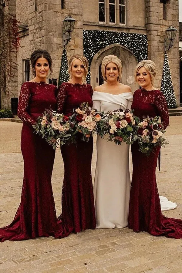 Burgundy Lace Mermaid Sweep Train Long Sleeves Bridesmaid Dresses, MBD213