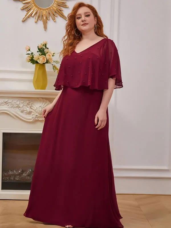 Burgundy Prom Dress A-Line V-Neck Chiffon Half Sleeves Beaded Long Party Dresses