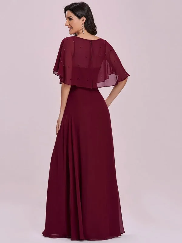 Burgundy Prom Dress A-Line V-Neck Chiffon Half Sleeves Beaded Long Party Dresses