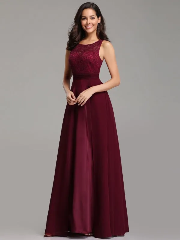 Burgundy Prom Dress Jewel Neck A-Line Sleeveless Chiffon Lace Floor-Length Wedding Guest Dresses