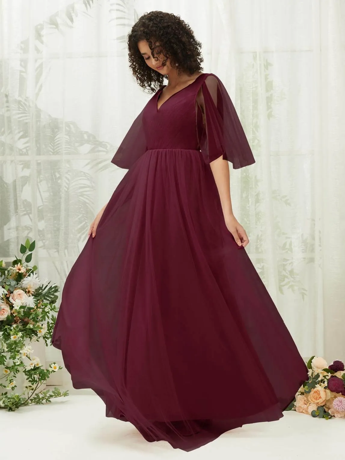 Burgundy Ruffle Sleeves Tulle Maxi Bridesmaid Dresses With Pocket