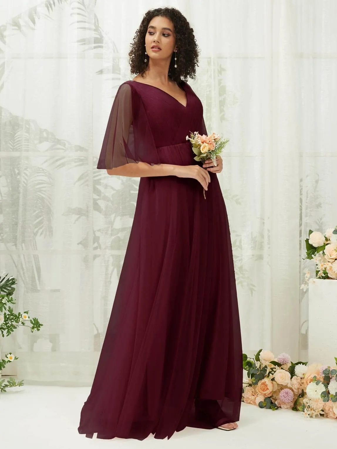 Burgundy Ruffle Sleeves Tulle Maxi Bridesmaid Dresses With Pocket