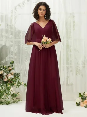 Burgundy Ruffle Sleeves Tulle Maxi Bridesmaid Dresses With Pocket