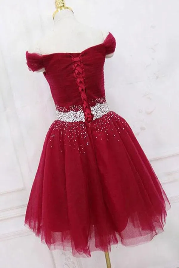 Burgundy Tulle Off-the-Shoulder Homecoming Dresses, Short Party Dress, MH551