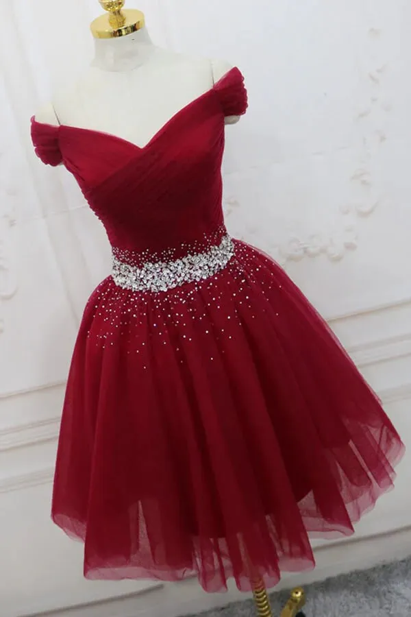 Burgundy Tulle Off-the-Shoulder Homecoming Dresses, Short Party Dress, MH551