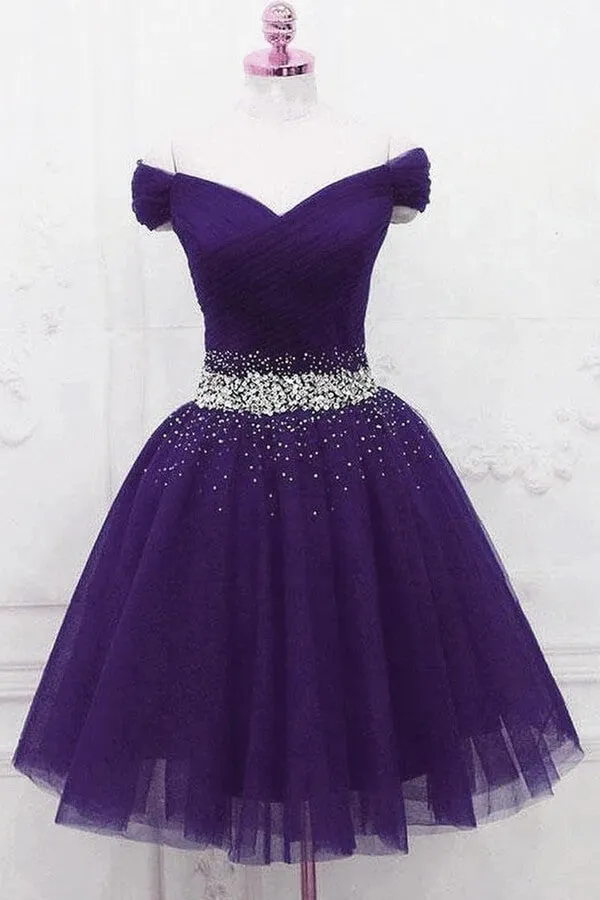 Burgundy Tulle Off-the-Shoulder Homecoming Dresses, Short Party Dress, MH551