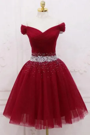 Burgundy Tulle Off-the-Shoulder Homecoming Dresses, Short Party Dress, MH551