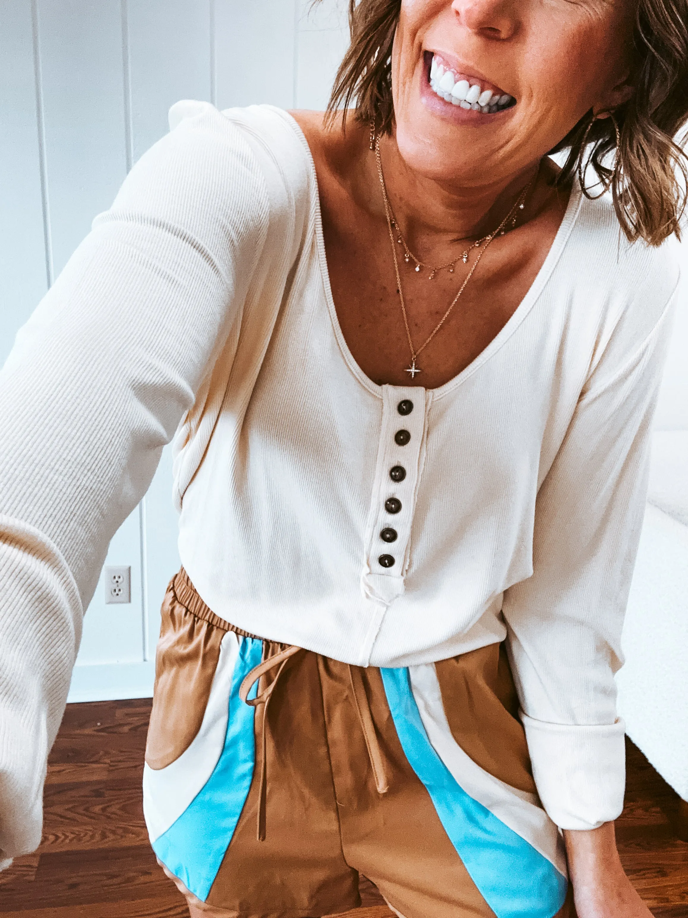 Buttermilk Mini Rib Scoop Neck Button Layering Top