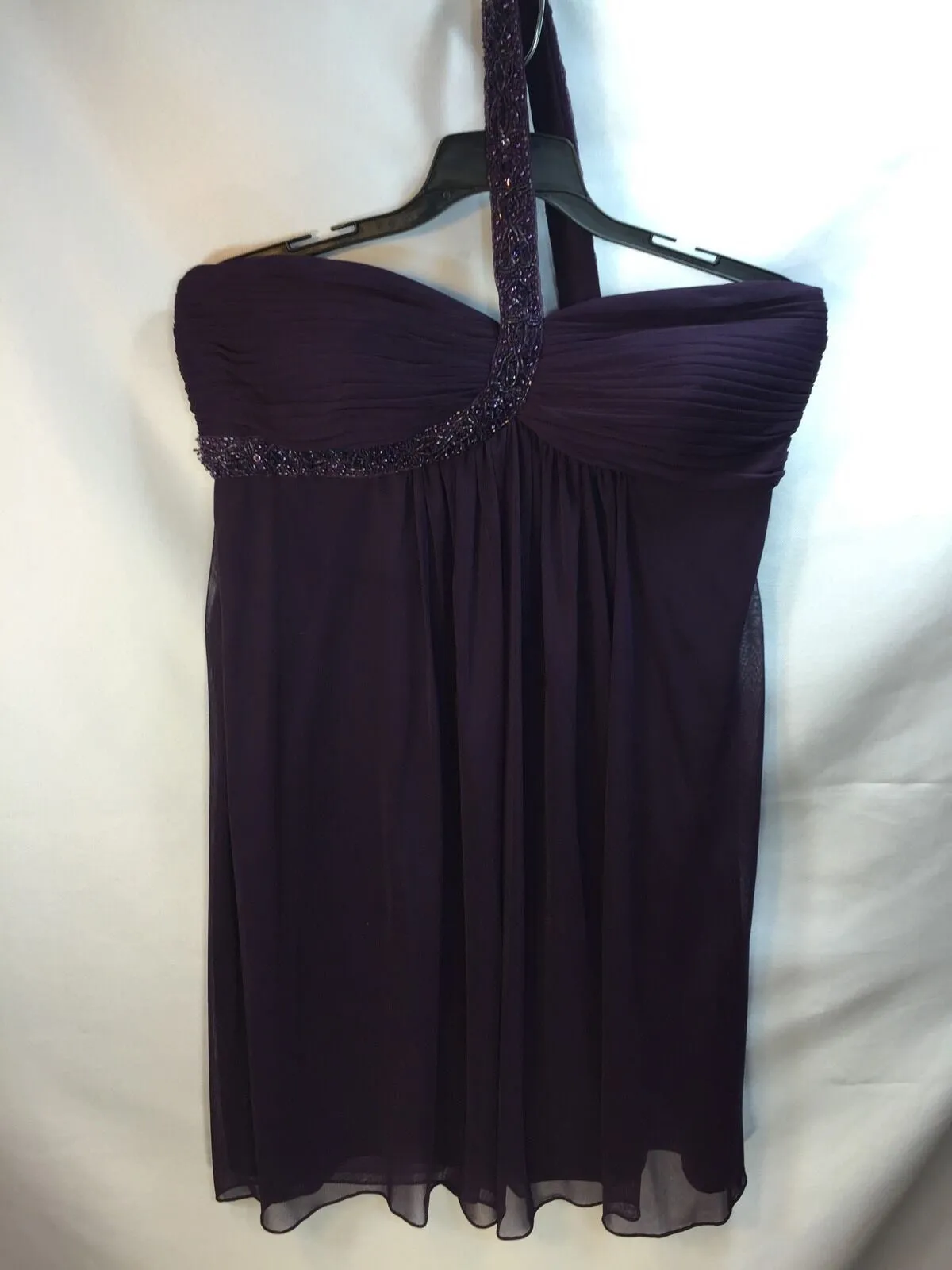 Cache Sz 12 Plum Beaded One Shoulder Embellished Flowy Dress Short Purple