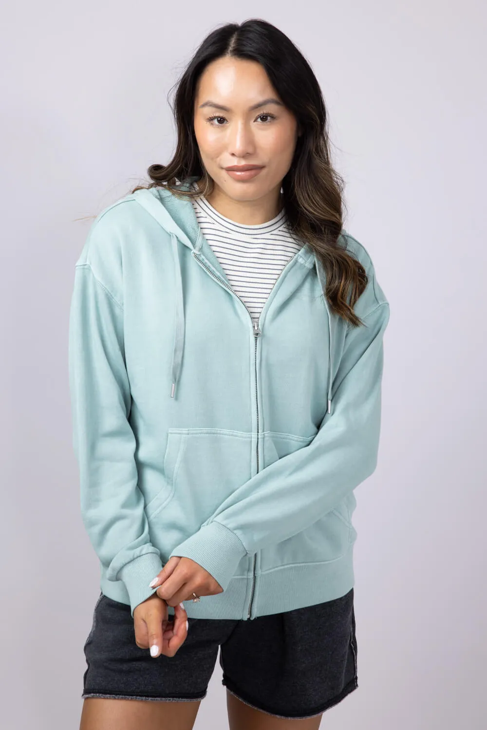 C&C California Mercy Longline Sunwashed Beach Terry Hoodie Jacket for Women in Blue | 89B02854-BLUE