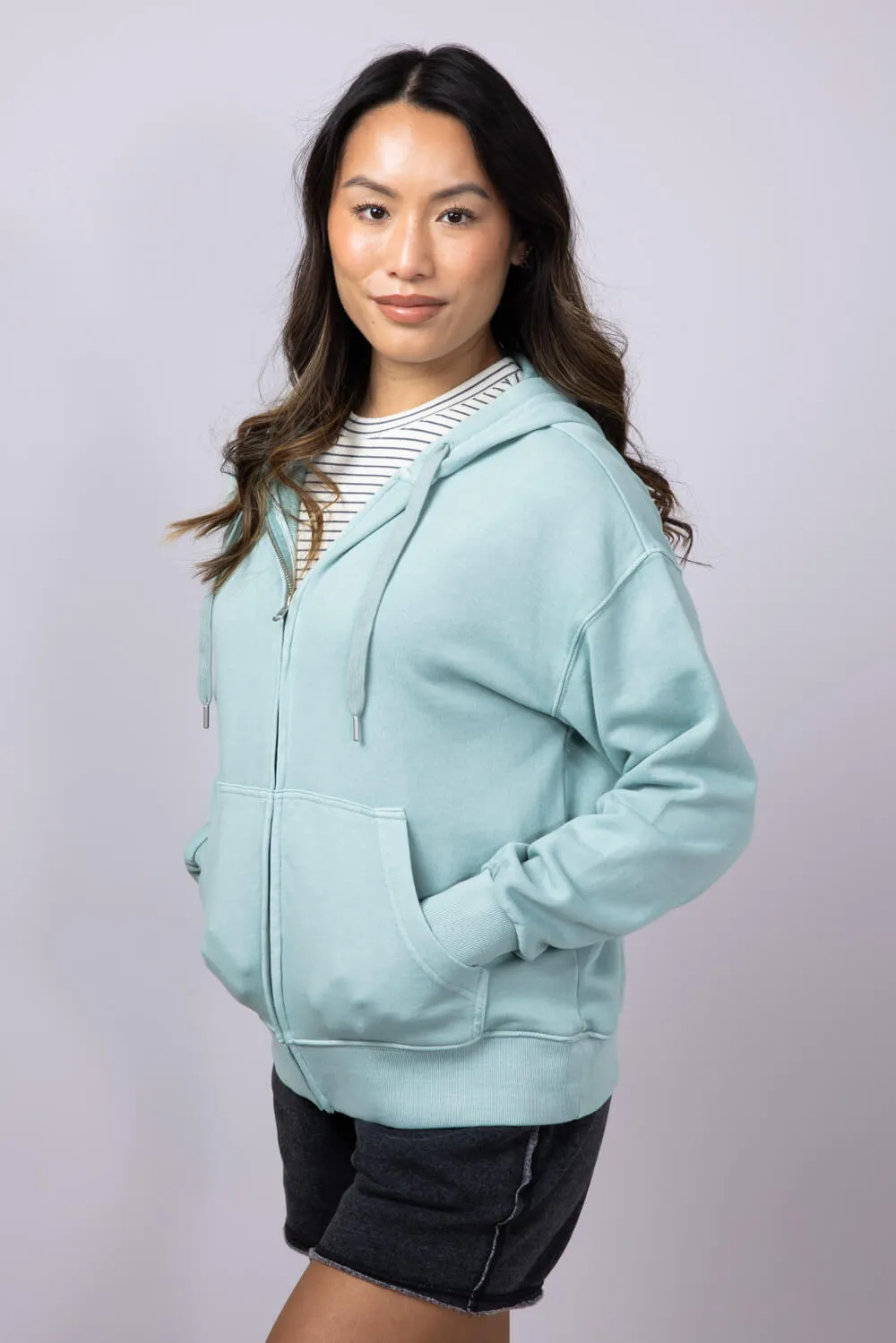 C&C California Mercy Longline Sunwashed Beach Terry Hoodie Jacket for Women in Blue | 89B02854-BLUE