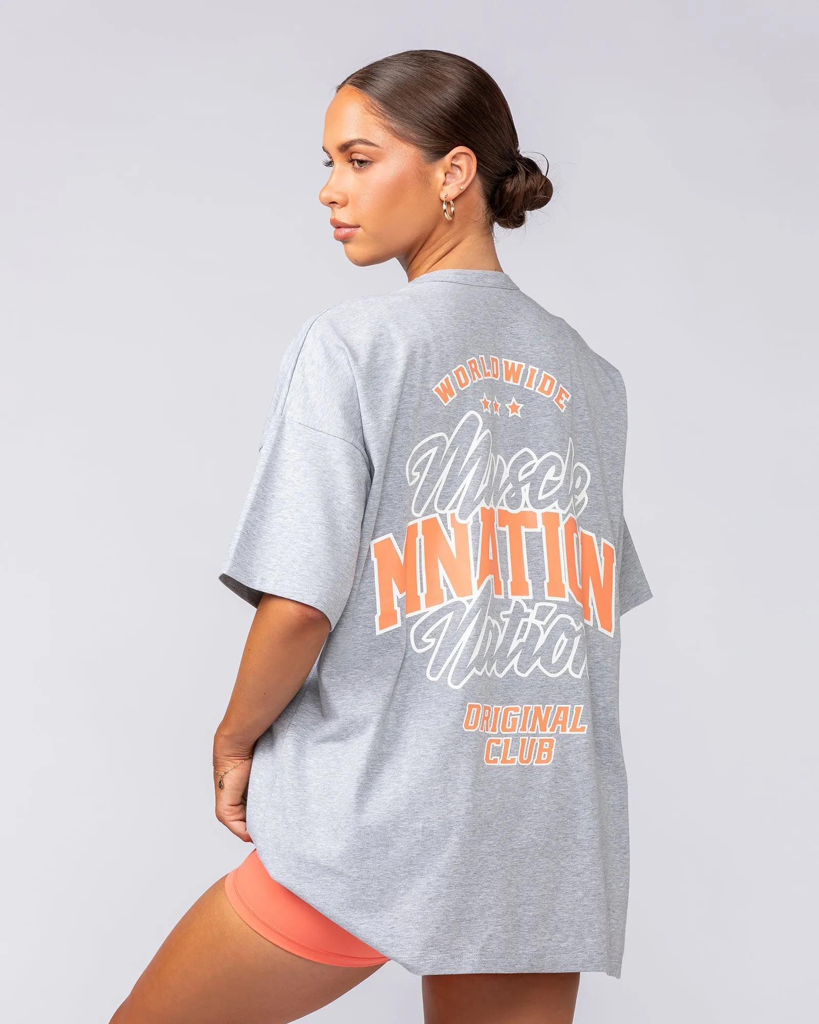 Campus Oversized Tee - Light Grey Marl / Hot Coral