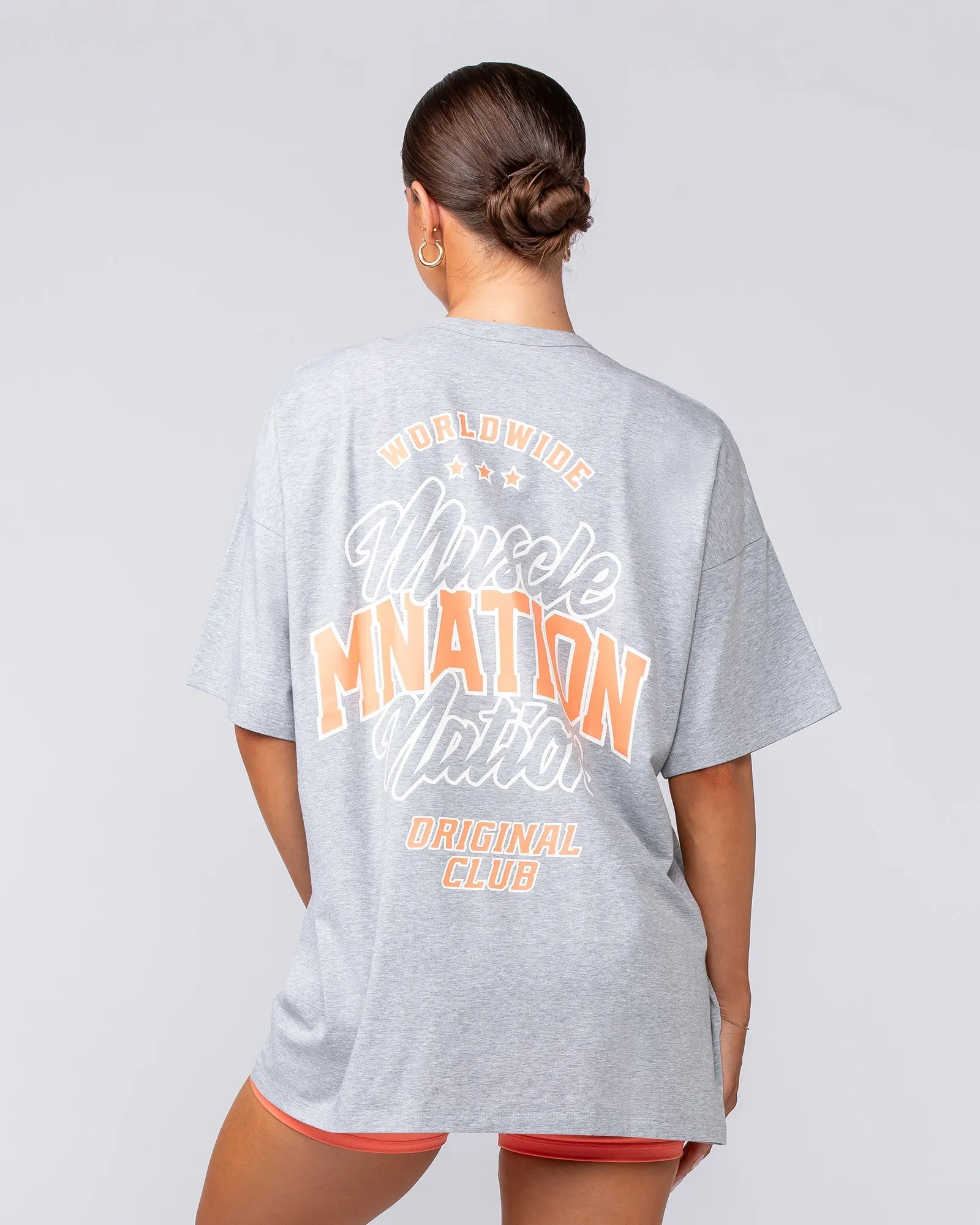 Campus Oversized Tee - Light Grey Marl / Hot Coral