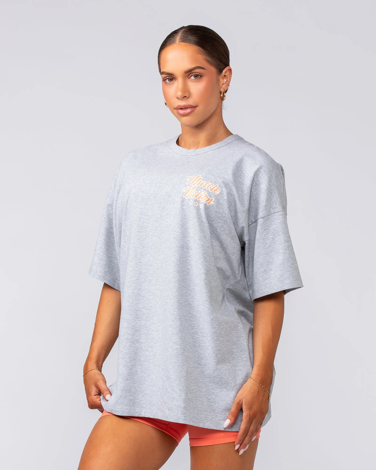 Campus Oversized Tee - Light Grey Marl / Hot Coral