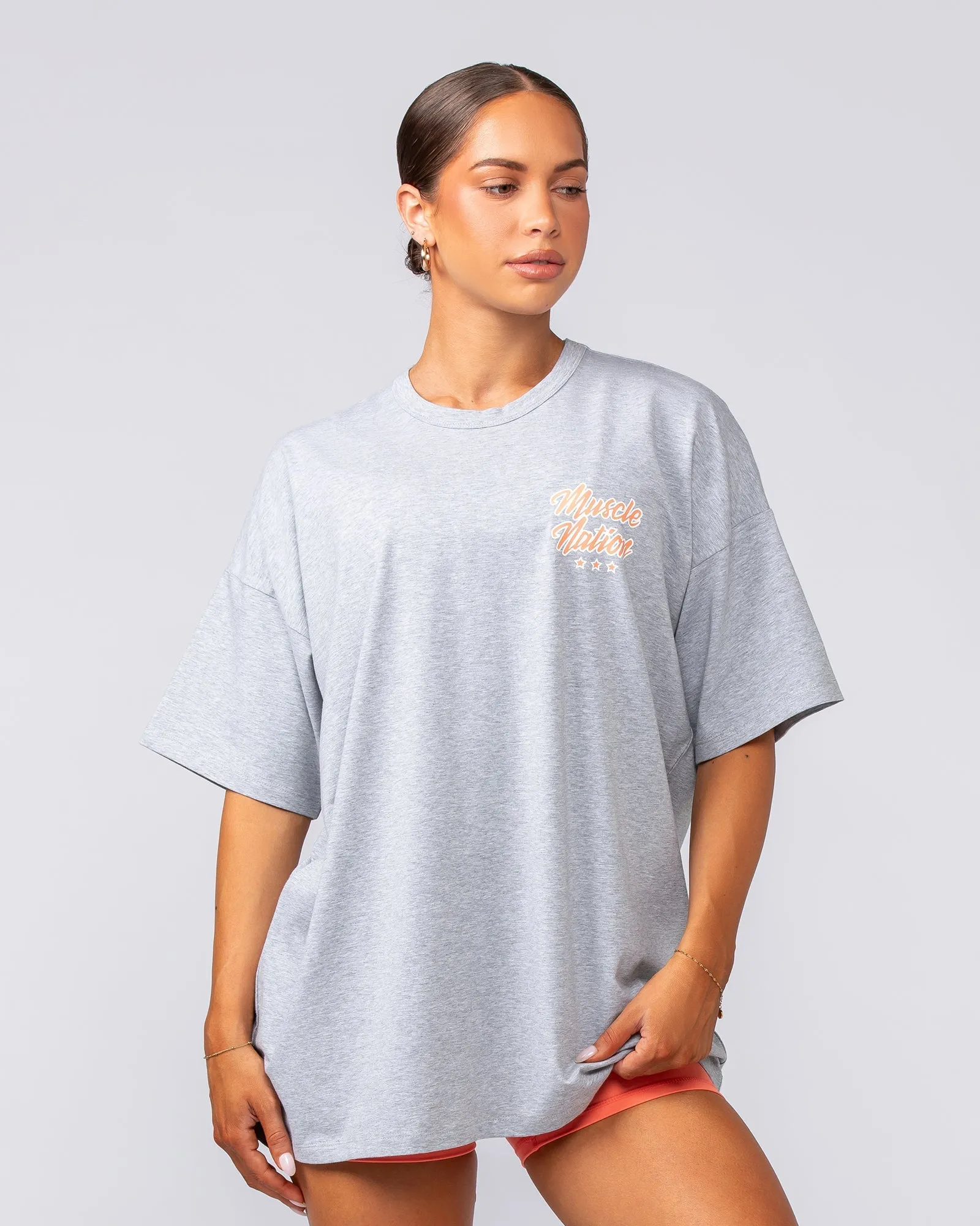 Campus Oversized Tee - Light Grey Marl / Hot Coral