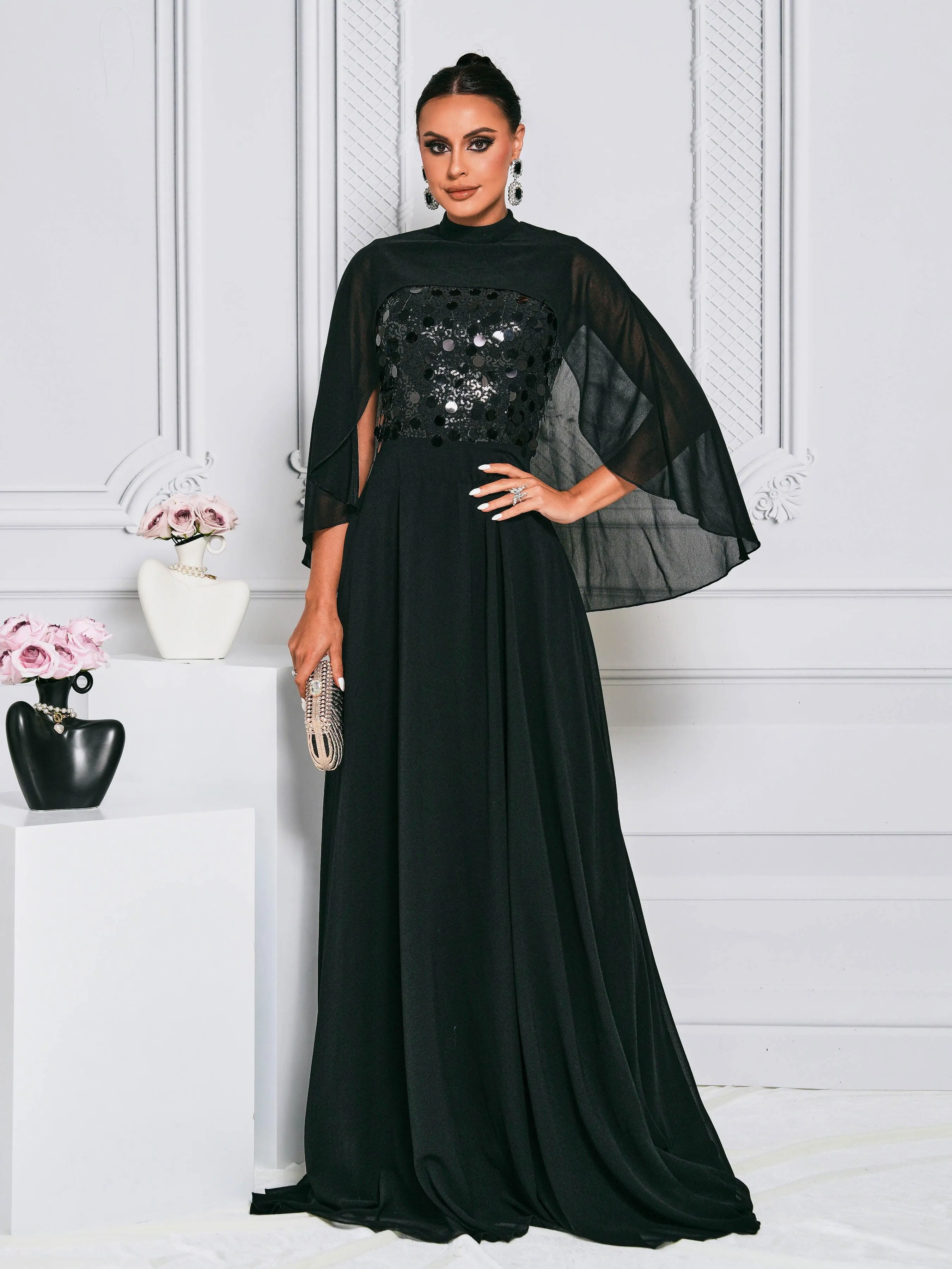Cape Sleeve Tulle Maxi Dress RH31025