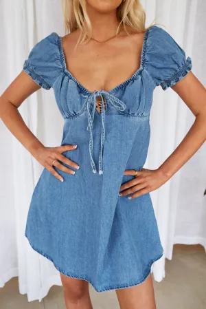CARA PUFFY SLEEVE MINI DRESS - Denim Blue
