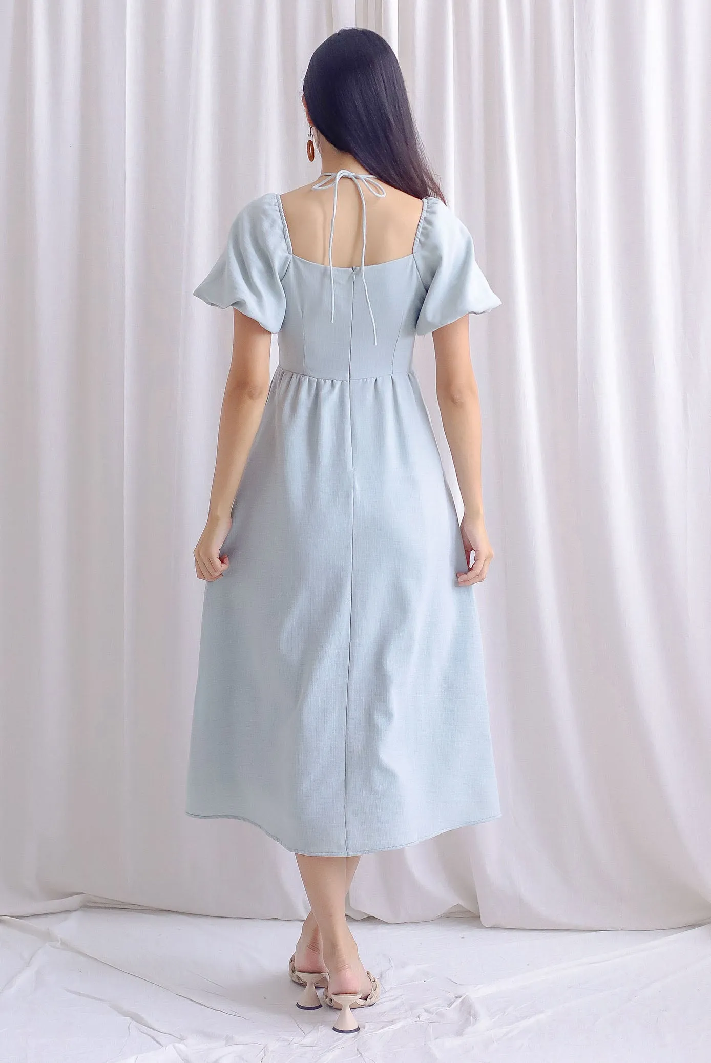 Carrington Puffy Sleeve Tie Up Maxi Dress In Seafoam Green
