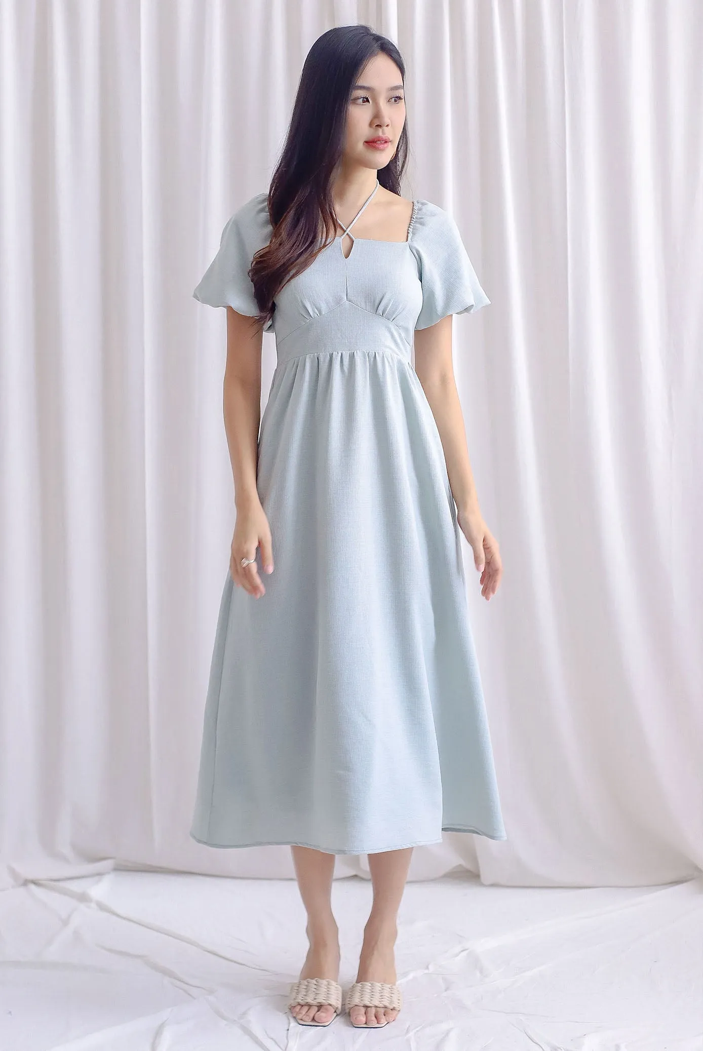 Carrington Puffy Sleeve Tie Up Maxi Dress In Seafoam Green