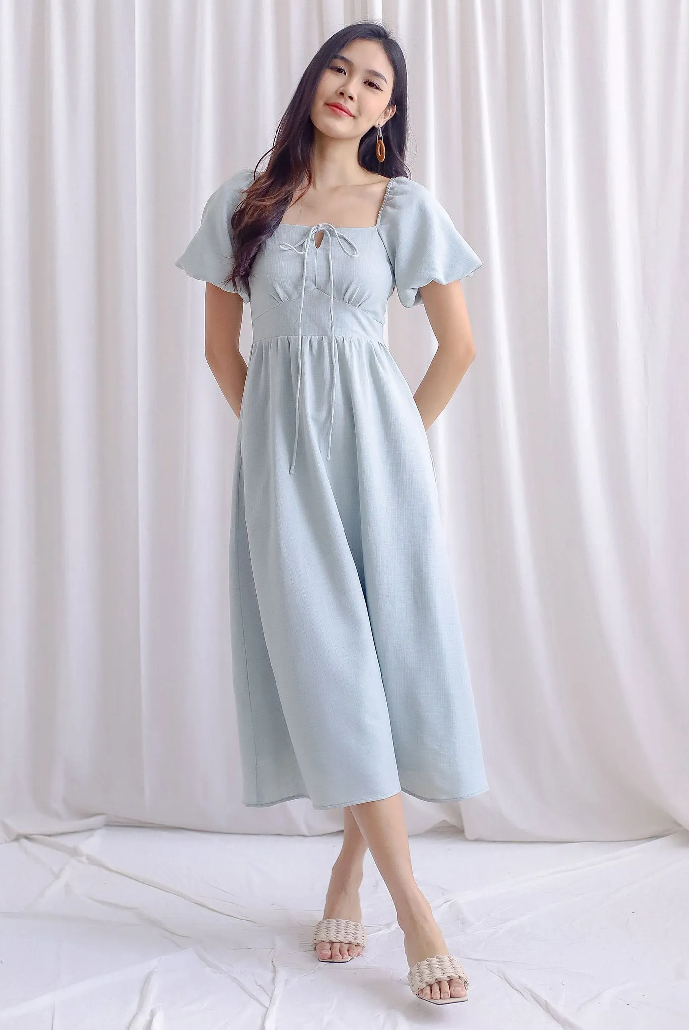 Carrington Puffy Sleeve Tie Up Maxi Dress In Seafoam Green