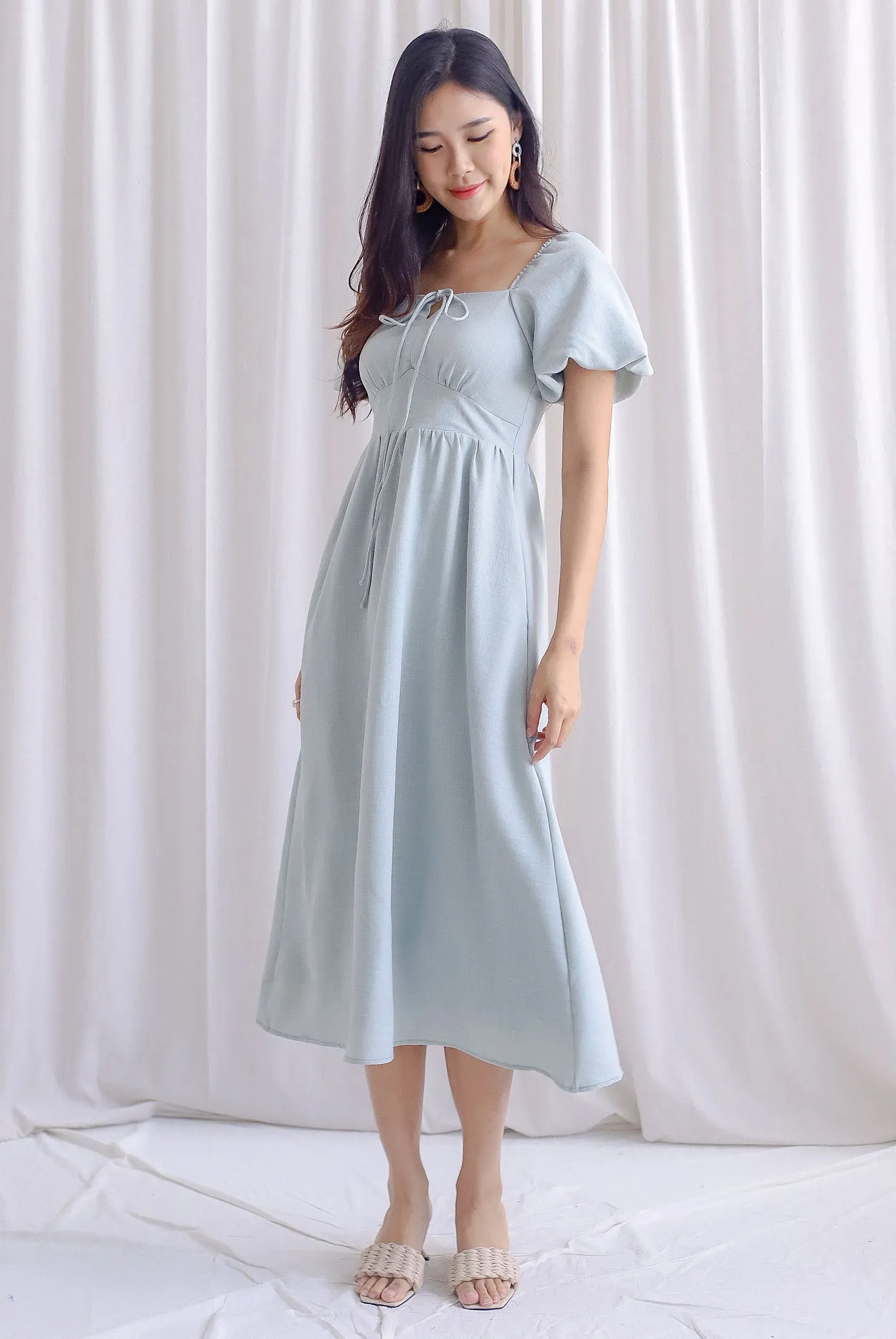 Carrington Puffy Sleeve Tie Up Maxi Dress In Seafoam Green