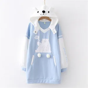 CARTOON BEAR PRINT MID LENGTH HOODIE UB3140