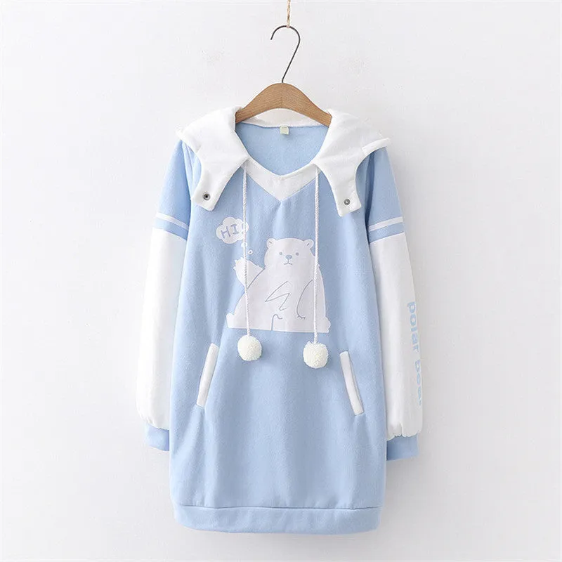 CARTOON BEAR PRINT MID LENGTH HOODIE UB3140