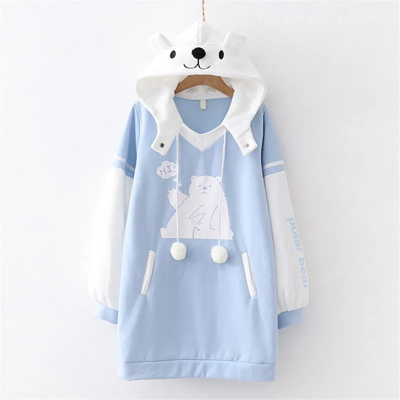CARTOON BEAR PRINT MID LENGTH HOODIE UB3140