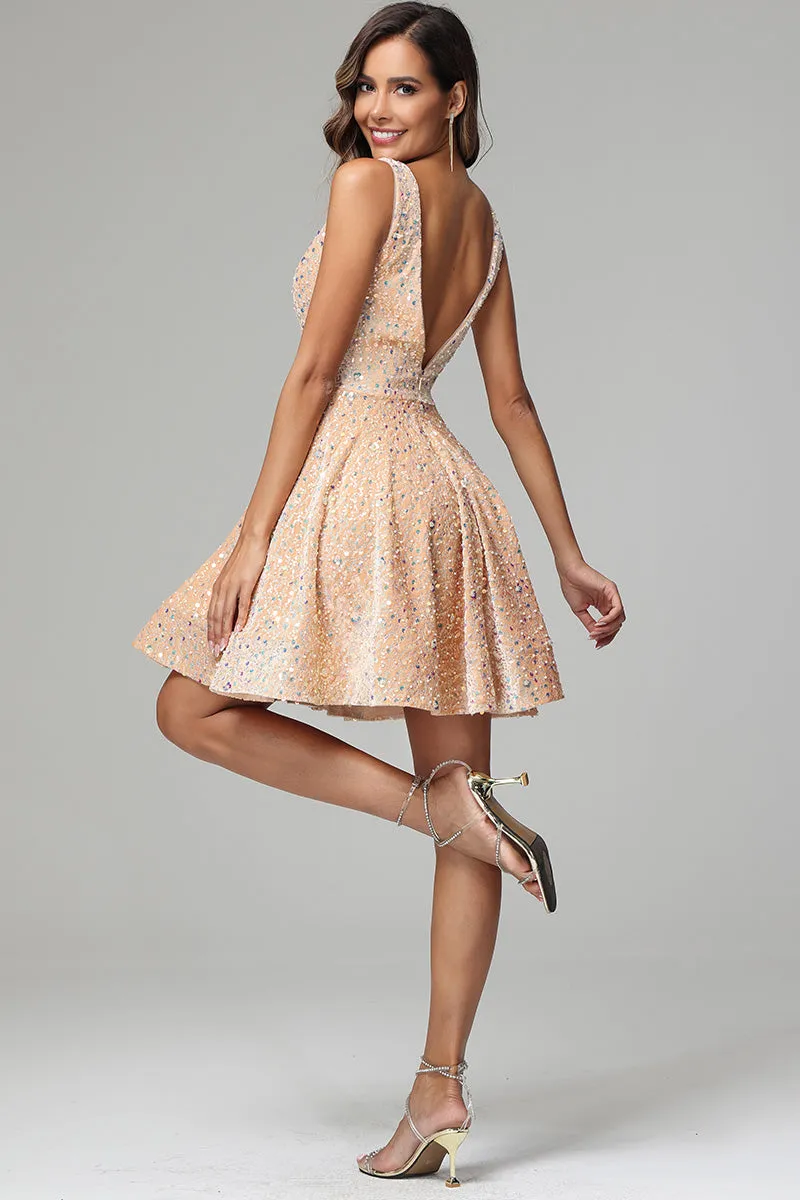 Champagne A Line V-neck Sequins Homecoming Dress