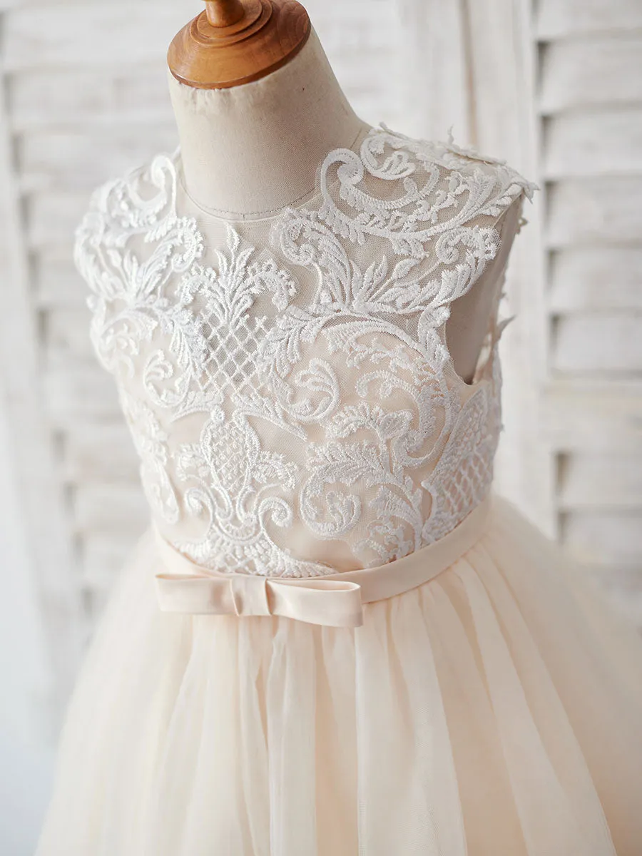 Champagne Jewel Neck Sleeveless Pearls Kids Party Dresses