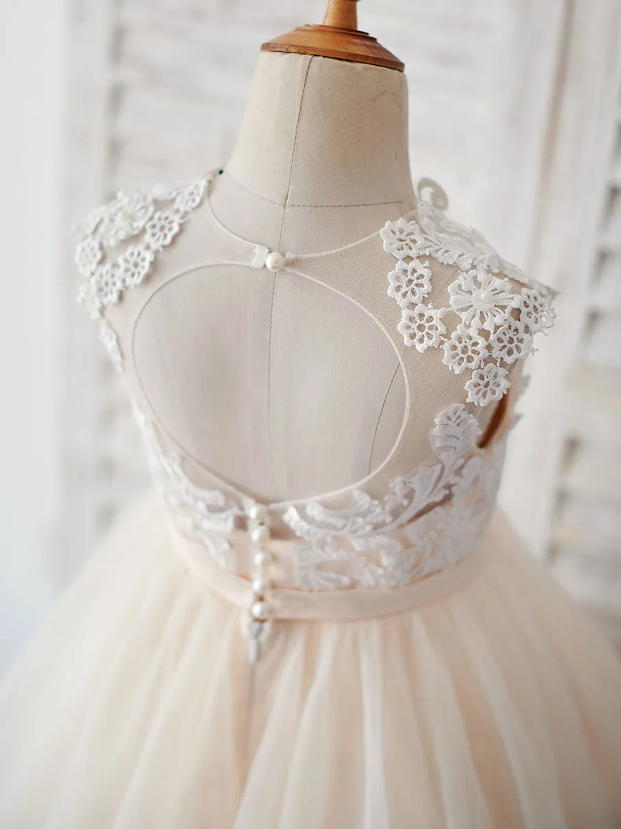 Champagne Jewel Neck Sleeveless Pearls Kids Party Dresses