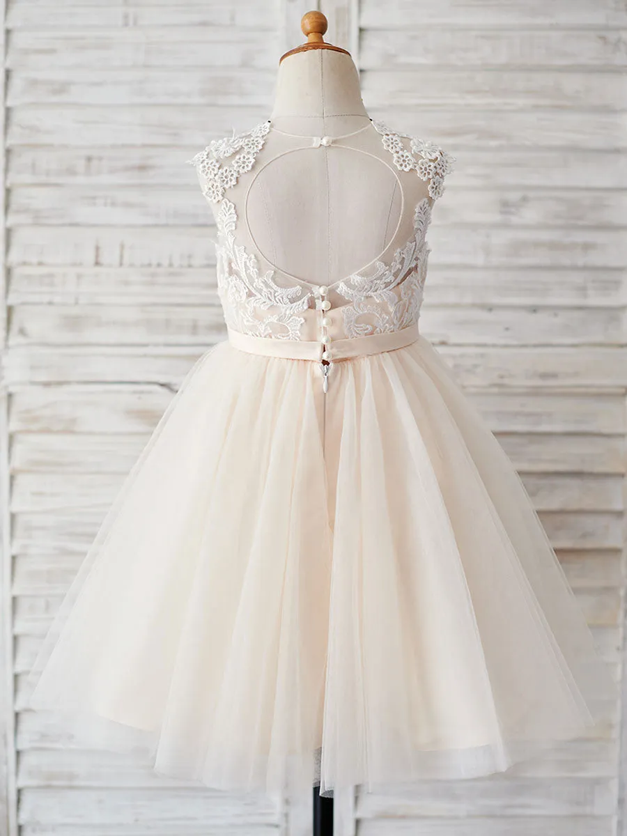 Champagne Jewel Neck Sleeveless Pearls Kids Party Dresses